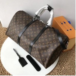 Replica Louis Vuitton Brown Monogram Black Trim Keepall Bandouliere 55