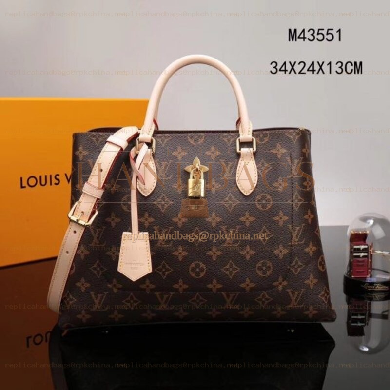 Replica Louis Vuitton Brown Monogram Pale Pink Trim Flower Tote