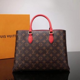 Replica Louis Vuitton Brown Monogram Red Trim Flower Tote