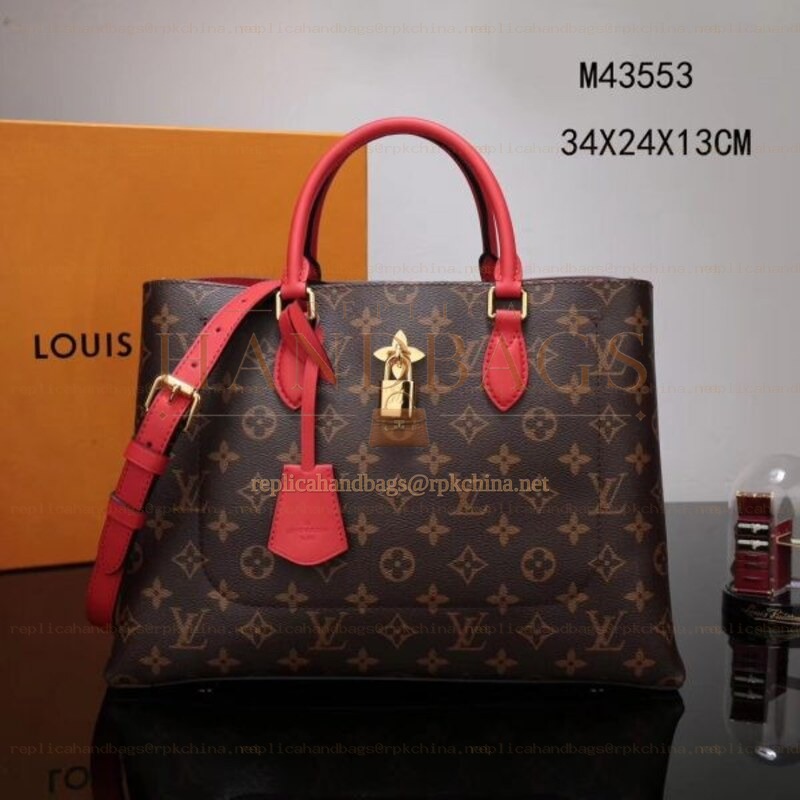 Replica Louis Vuitton Brown Monogram Red Trim Flower Tote