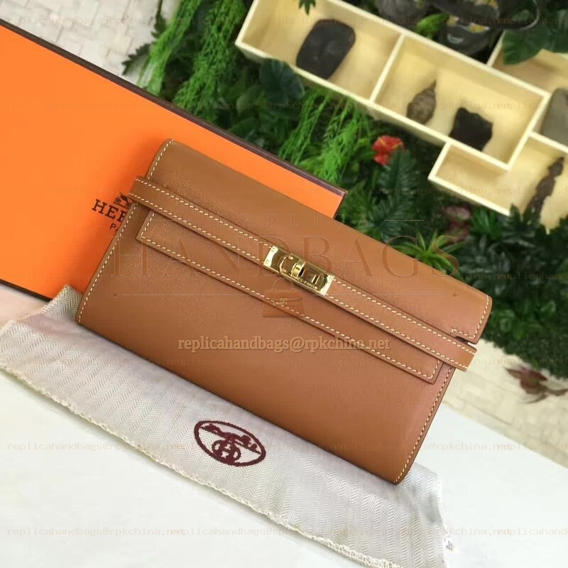 Replica Hermes Tan Brown Kelly Wallet Gold Hardware