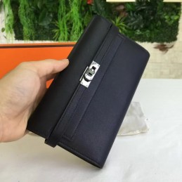 Replica Hermes Black Kelly Wallet Silver Hardware