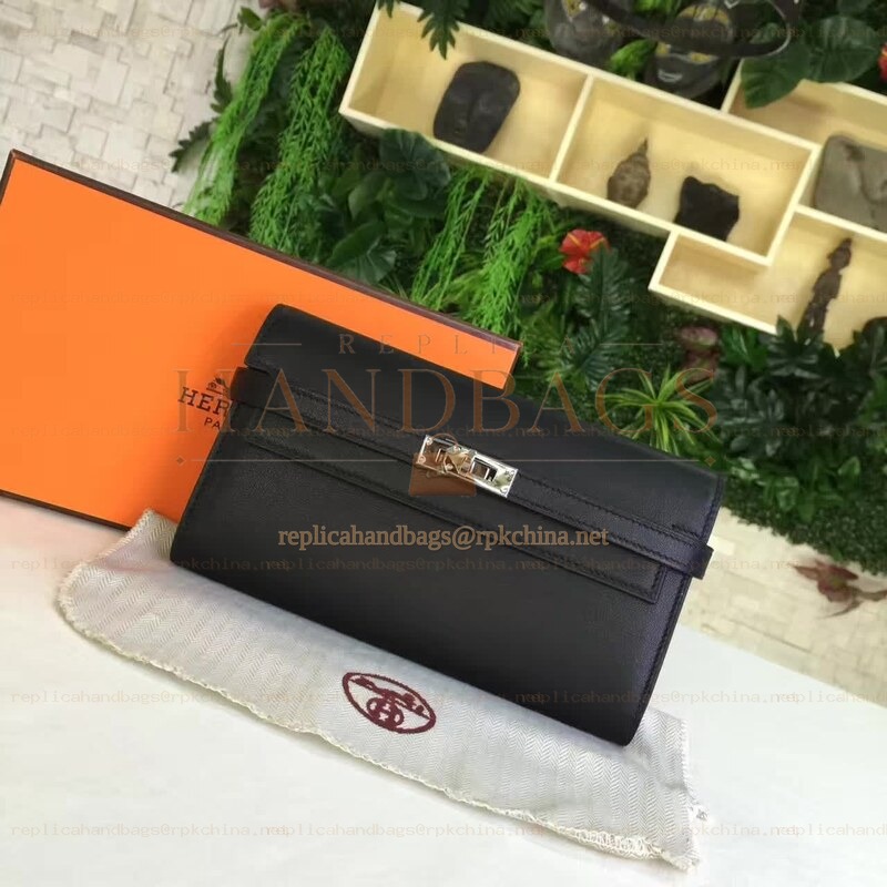 Replica Hermes Black Kelly Wallet Silver Hardware