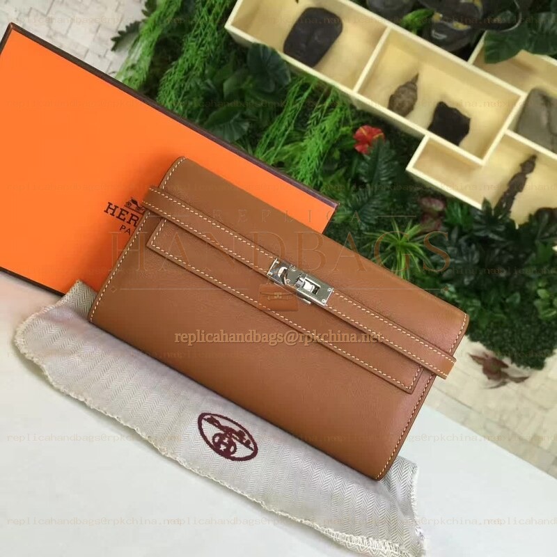 Replica Hermes Brown Kelly Wallet Silver Hardware