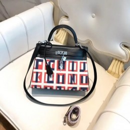 Replica Hermes Black Geometric Print Kelly 28 Bag