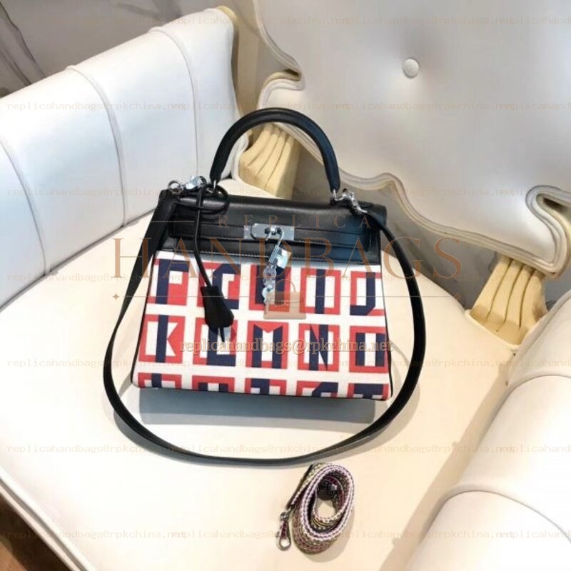 Replica Hermes Black Geometric Print Kelly 28 Bag