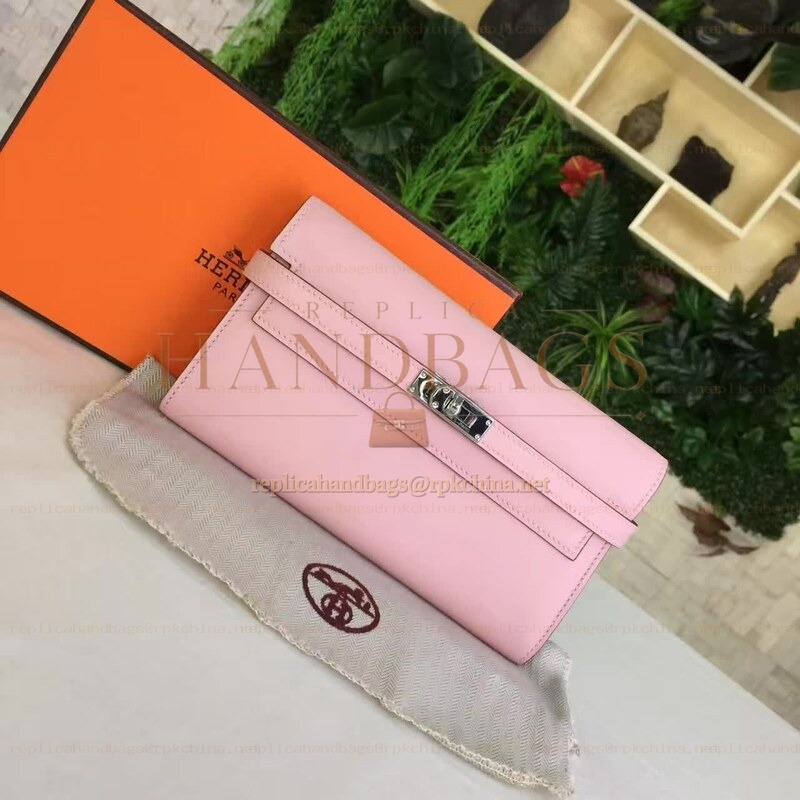 Replica Hermes Pink Kelly Wallet Silver Hardware