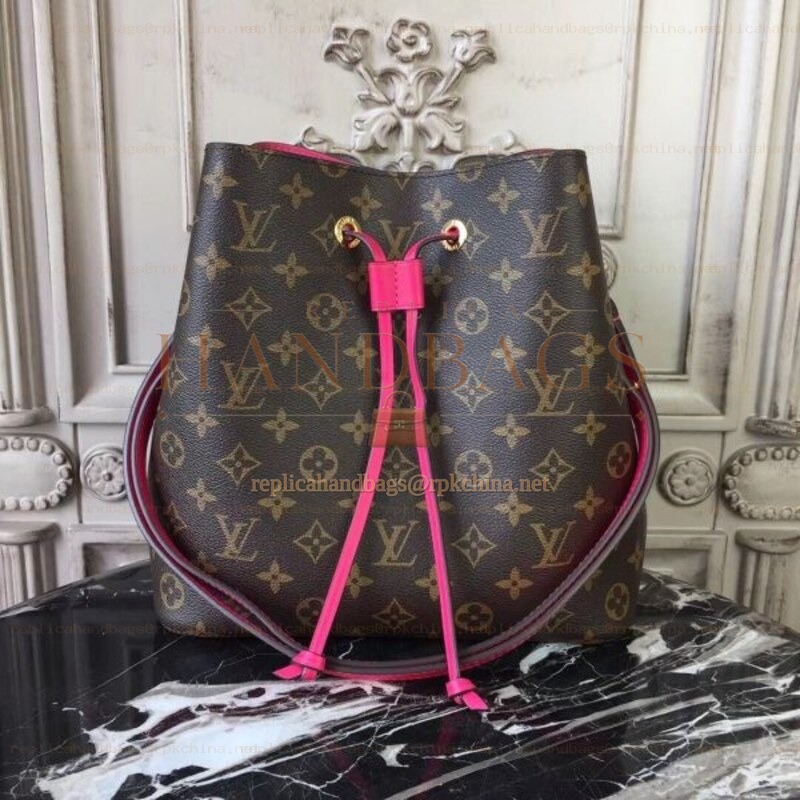 Replica Louis Vuitton Brown Monogram Fuchsia Drawstring Neo Noe MM