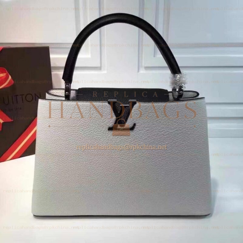 Replica Louis Vuitton White Black Handle Capucines MM