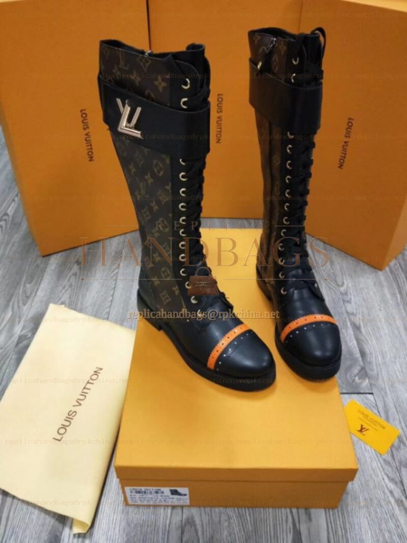 Replica Louis Vuitton Black Brown Monogram Knee-High Boots