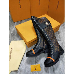 Replica Louis Vuitton Black Brown Monogram Knee-High Boots