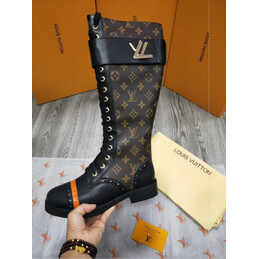 Replica Louis Vuitton Black Brown Monogram Knee-High Boots