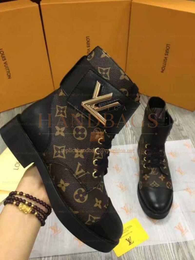 Replica Louis Vuitton Brown Monogram Black Wonderland Flat Ranger Boots