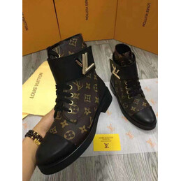 Replica Louis Vuitton Brown Monogram Black Wonderland Flat Ranger Boots