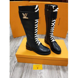 Replica Louis Vuitton Black White Lace-Up Knee-High Boots