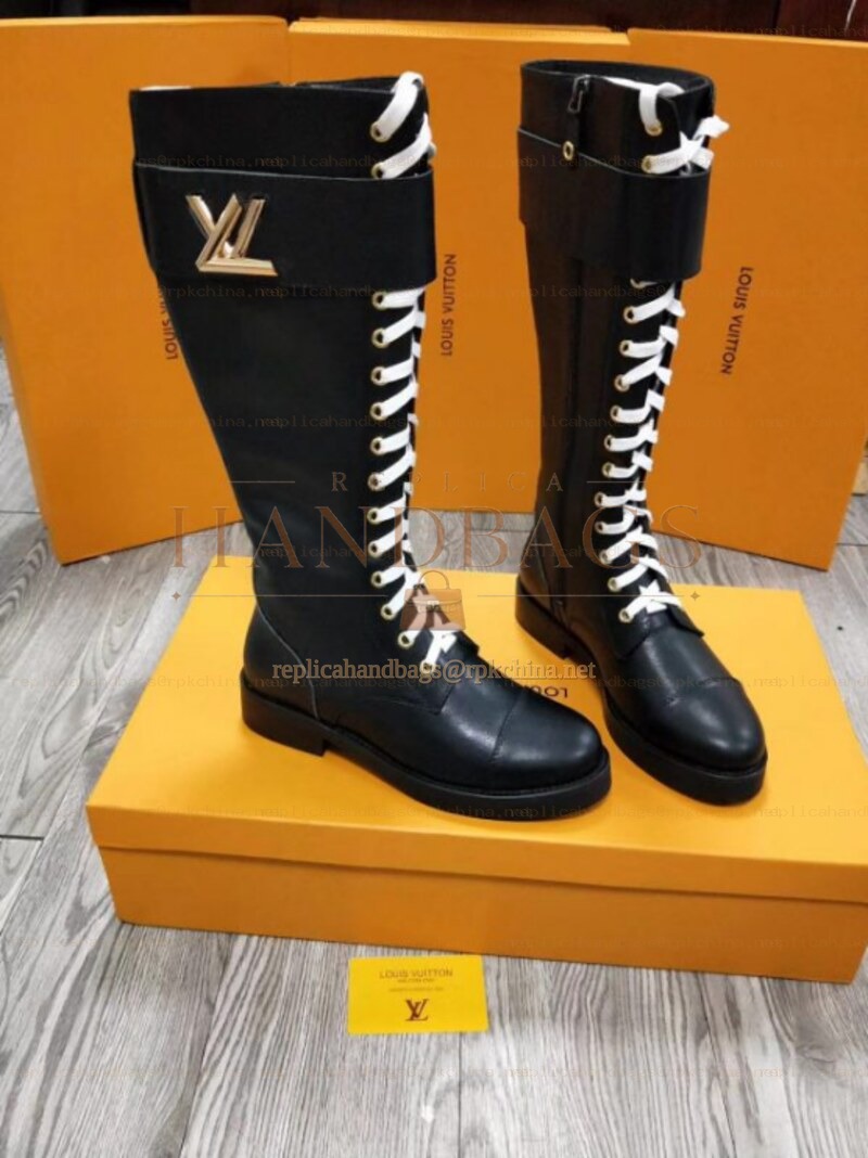 Replica Louis Vuitton Black White Lace-Up Knee-High Boots