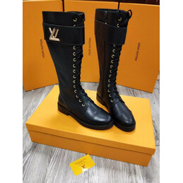 Replica Louis Vuitton Black White Lace-Up Knee-High Boots