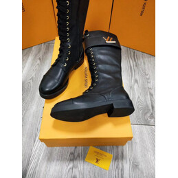 Replica Louis Vuitton Black White Lace-Up Knee-High Boots