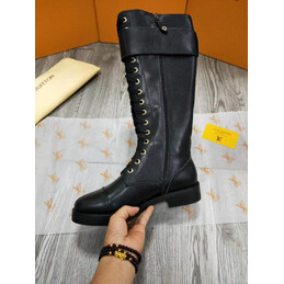 Replica Louis Vuitton Black White Lace-Up Knee-High Boots