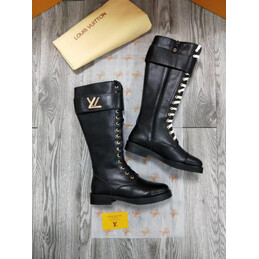 Replica Louis Vuitton Black White Lace-Up Knee-High Boots