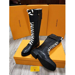 Replica Louis Vuitton Black White Lace-Up Knee-High Boots