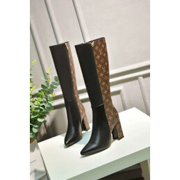 Replica Louis Vuitton Black Brown Monogram Block Heel Knee-High Boots