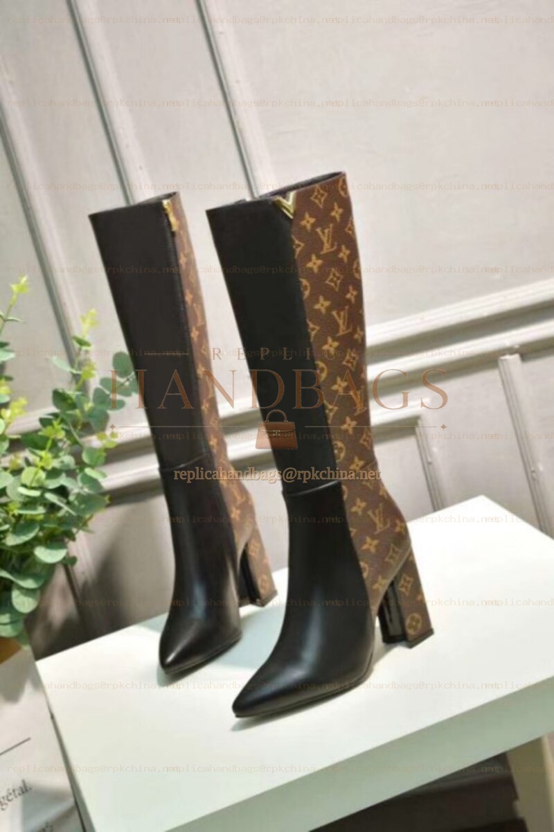 Replica Louis Vuitton Black Brown Monogram Block Heel Knee-High Boots