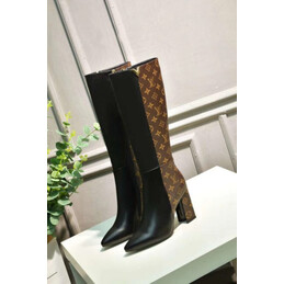 Replica Louis Vuitton Black Brown Monogram Block Heel Knee-High Boots