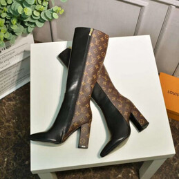 Replica Louis Vuitton Black Brown Monogram Block Heel Knee-High Boots