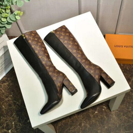 Replica Louis Vuitton Black Brown Monogram Block Heel Knee-High Boots