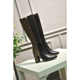 Replica Louis Vuitton Black Brown Monogram Block Heel Knee-High Boots