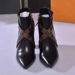 Replica Louis Vuitton Black Brown Monogram Block Heel Ankle Boots