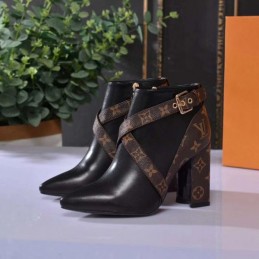 Replica Louis Vuitton Black Brown Monogram Block Heel Ankle Boots