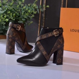 Replica Louis Vuitton Black Brown Monogram Block Heel Ankle Boots