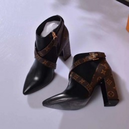 Replica Louis Vuitton Black Brown Monogram Block Heel Ankle Boots
