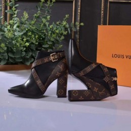 Replica Louis Vuitton Black Brown Monogram Block Heel Ankle Boots