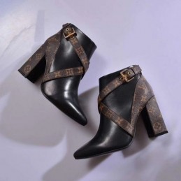 Replica Louis Vuitton Black Brown Monogram Block Heel Ankle Boots