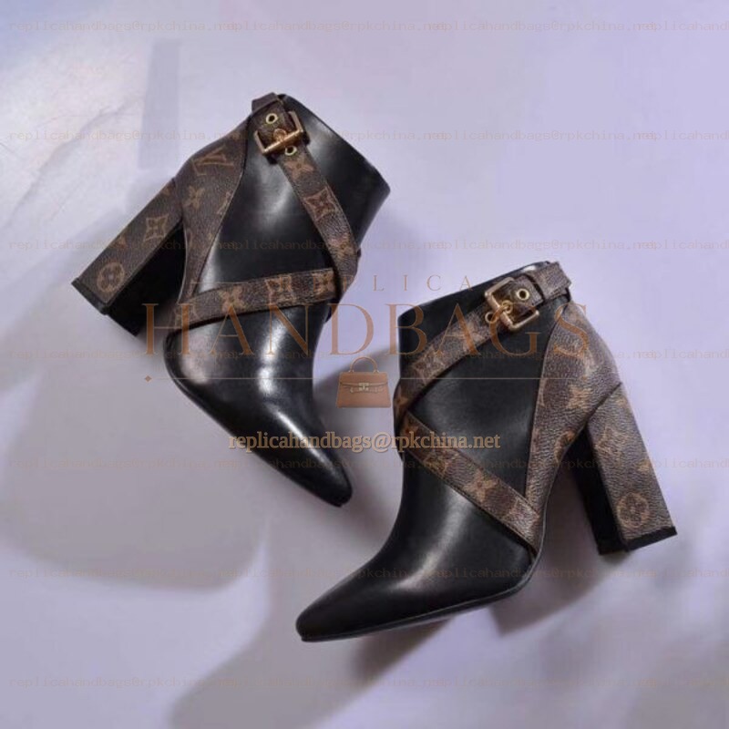 Replica Louis Vuitton Black Brown Monogram Block Heel Ankle Boots