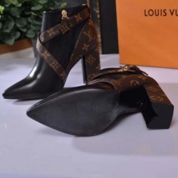 Replica Louis Vuitton Black Brown Monogram Block Heel Ankle Boots