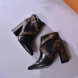 Replica Louis Vuitton Black Brown Monogram Block Heel Ankle Boots