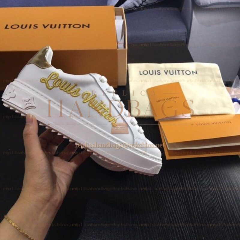 Replica Louis Vuitton White Gold Script Low-Top Sneakers