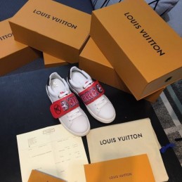 Replica Louis Vuitton White Red Graphic Strap Sneakers