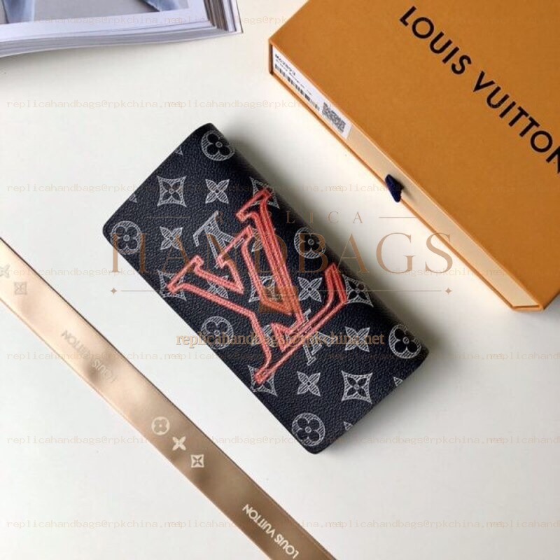 Replica Louis Vuitton Black Monogram Red LV Brazza Wallet