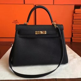 Replica Hermes Black Kelly 28 Smooth Leather Gold Hardware Bag