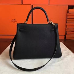 Replica Hermes Black Kelly 28 Smooth Leather Gold Hardware Bag