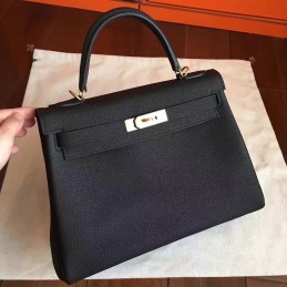 Replica Hermes Black Kelly 28 Smooth Leather Gold Hardware Bag