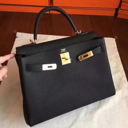 Replica Hermes Black Kelly 28 Smooth Leather Gold Hardware Bag