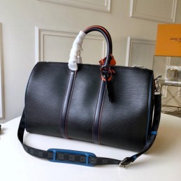 Replica Louis Vuitton Black Leather Rainbow Trim Keepall Bandouliere 45