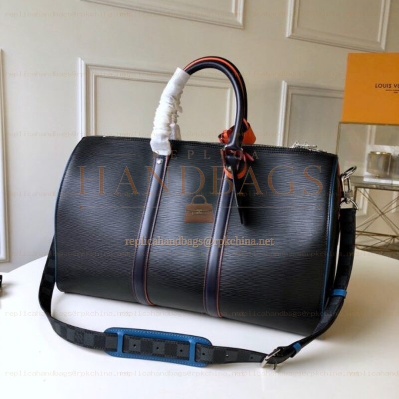 Replica Louis Vuitton Black Leather Rainbow Trim Keepall Bandouliere 45