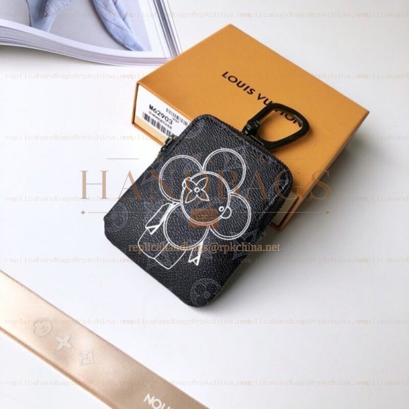 Replica Louis Vuitton Black Monogram White Flower Zip Charm Wallet